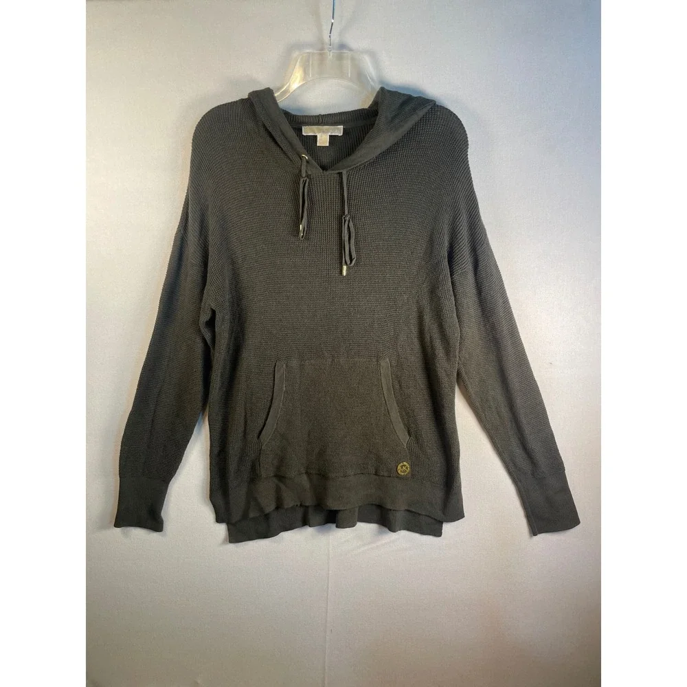 Michael Kors Womens Olive Green Waffle Knit Hoodie‎ Sweater Gold Logo Size L